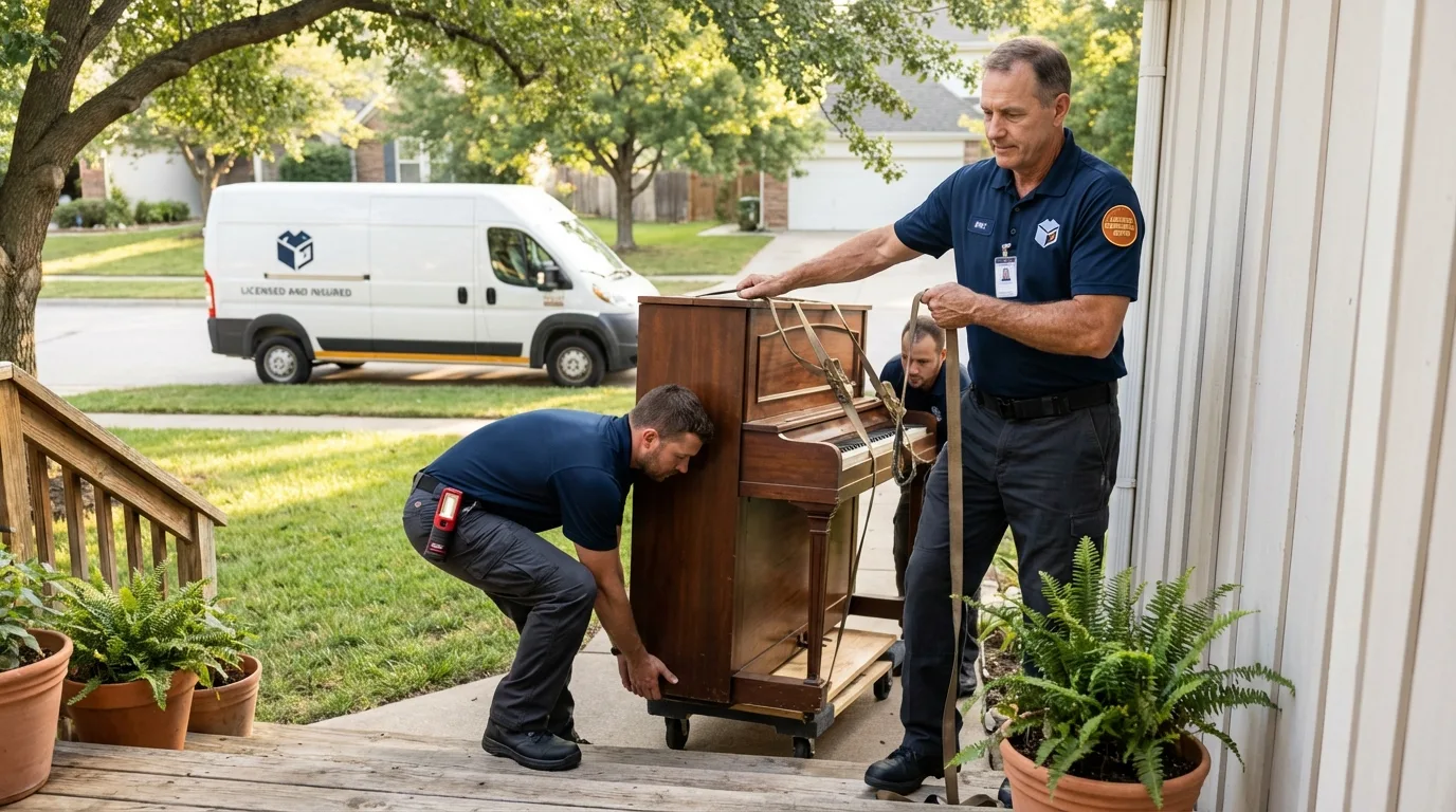 Licensed piano movers securing grand piano in Mount Pleasant, TN