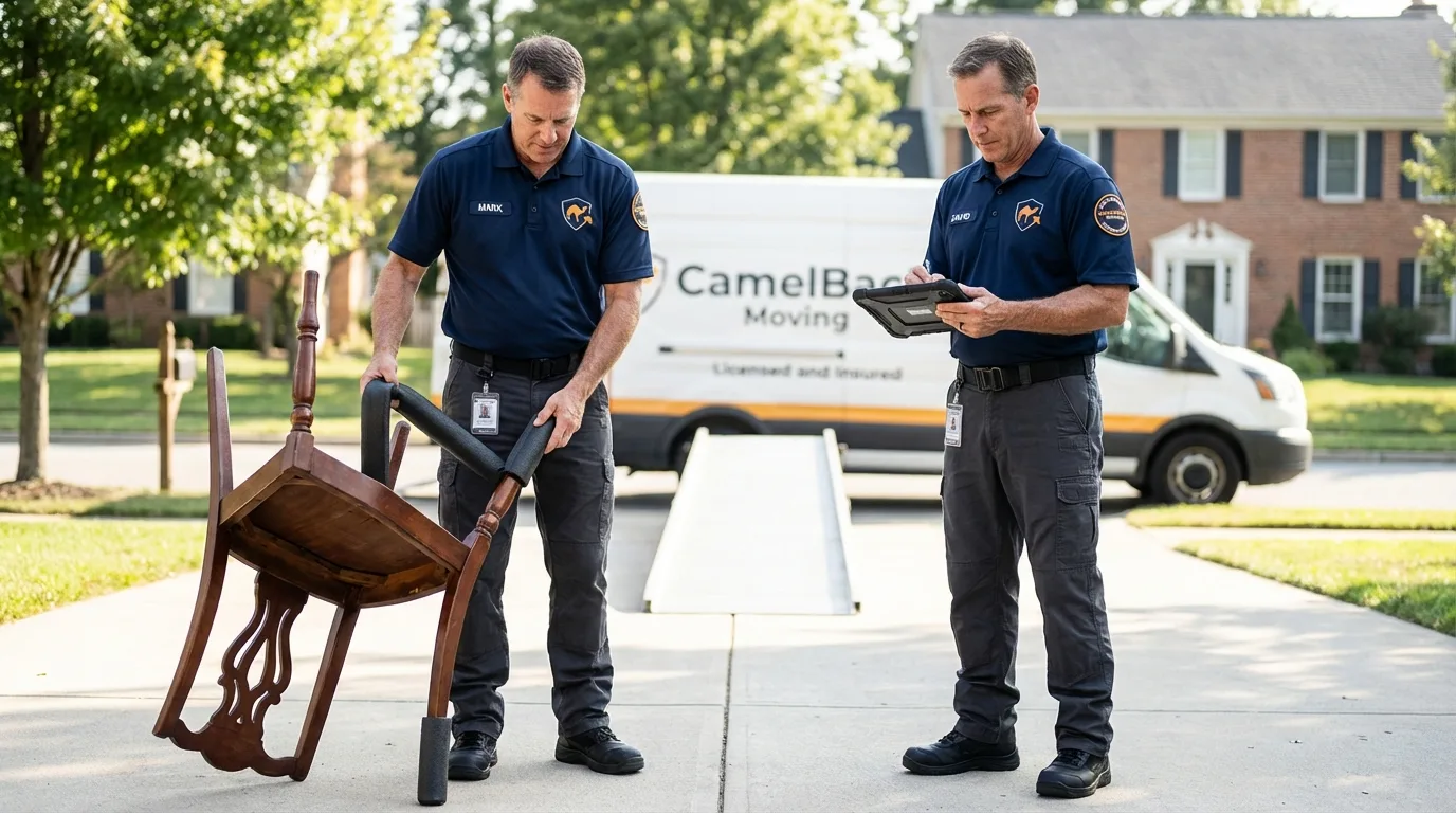 Movers inspecting furniture for damage prevention before loading in Mount Pleasant, TN