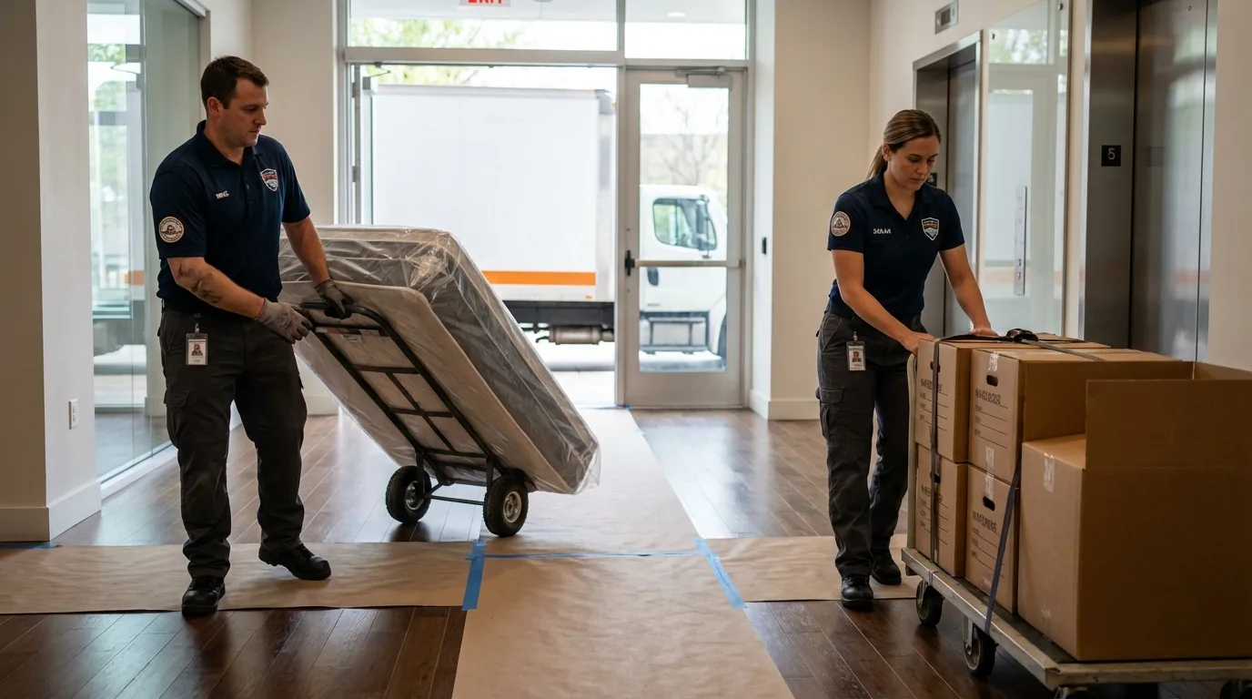 Professional apartment movers loading elevator in Mount Pleasant, TN