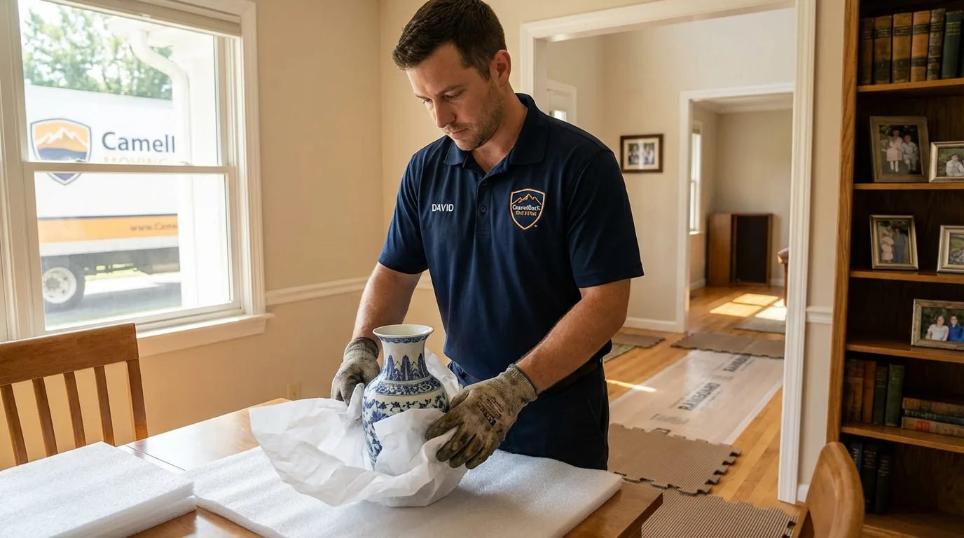 Professional crew carefully wrapping antique vase for senior downsizing move in Mount Pleasant, TN